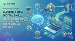 An infographic for Volares Digital Academy showcasing the on-line learning journey, featuring digital skills like SEO, AI, and coding for student success.